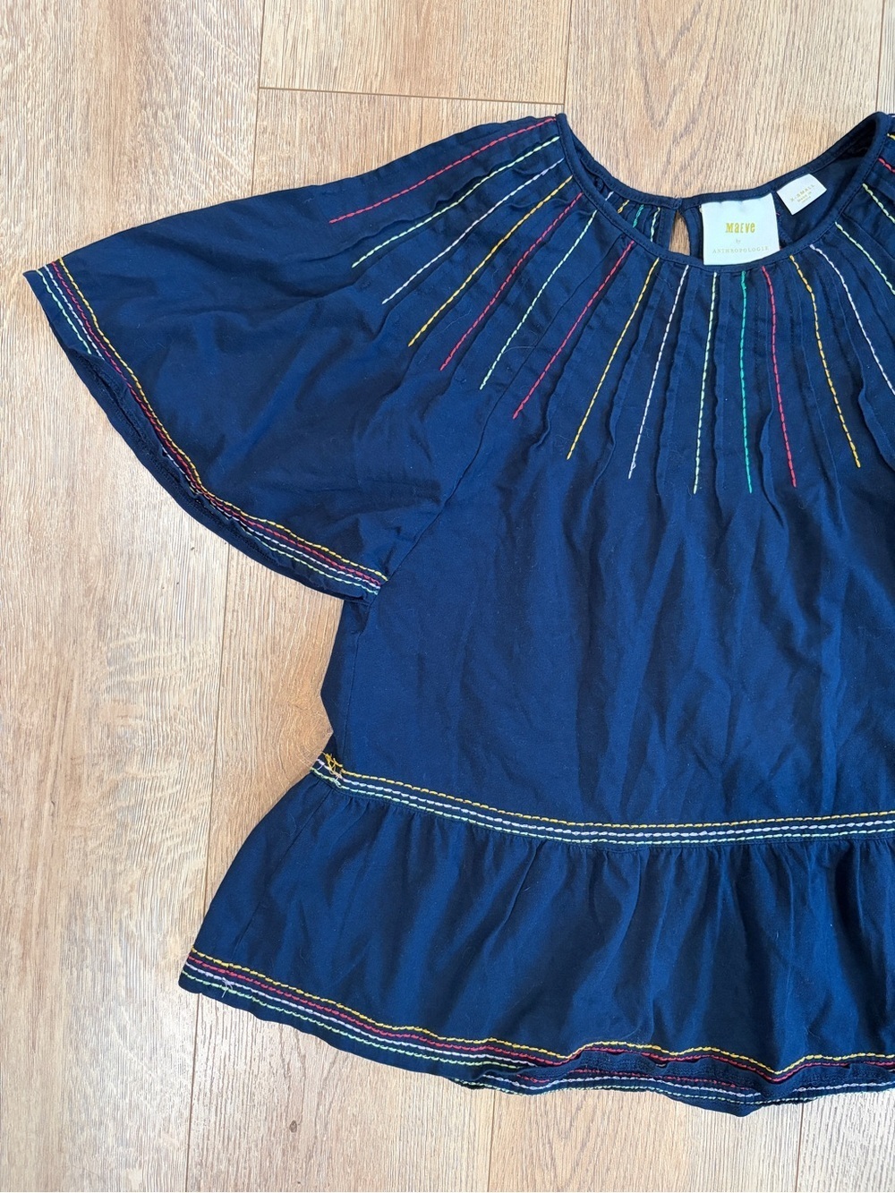 Maeve Anthropologie Navy Embroidered Peasant Blouse XS Boho - Picture 4 of 11